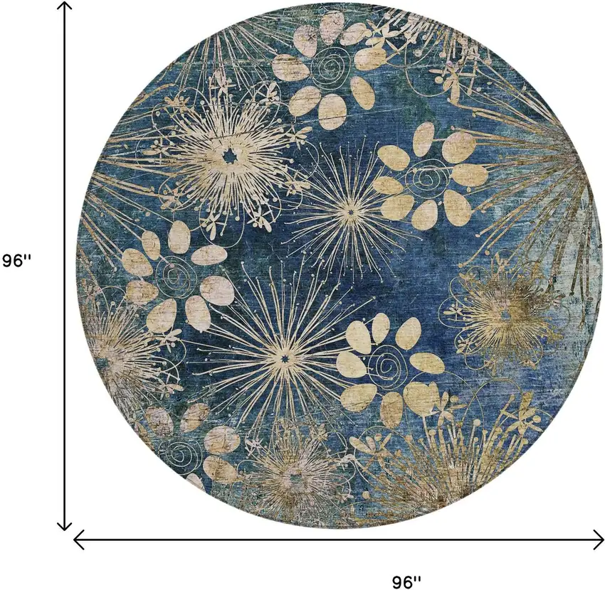 8' Navy Blue And Gold Round Floral Washable Indoor Outdoor Area Rug Photo 3