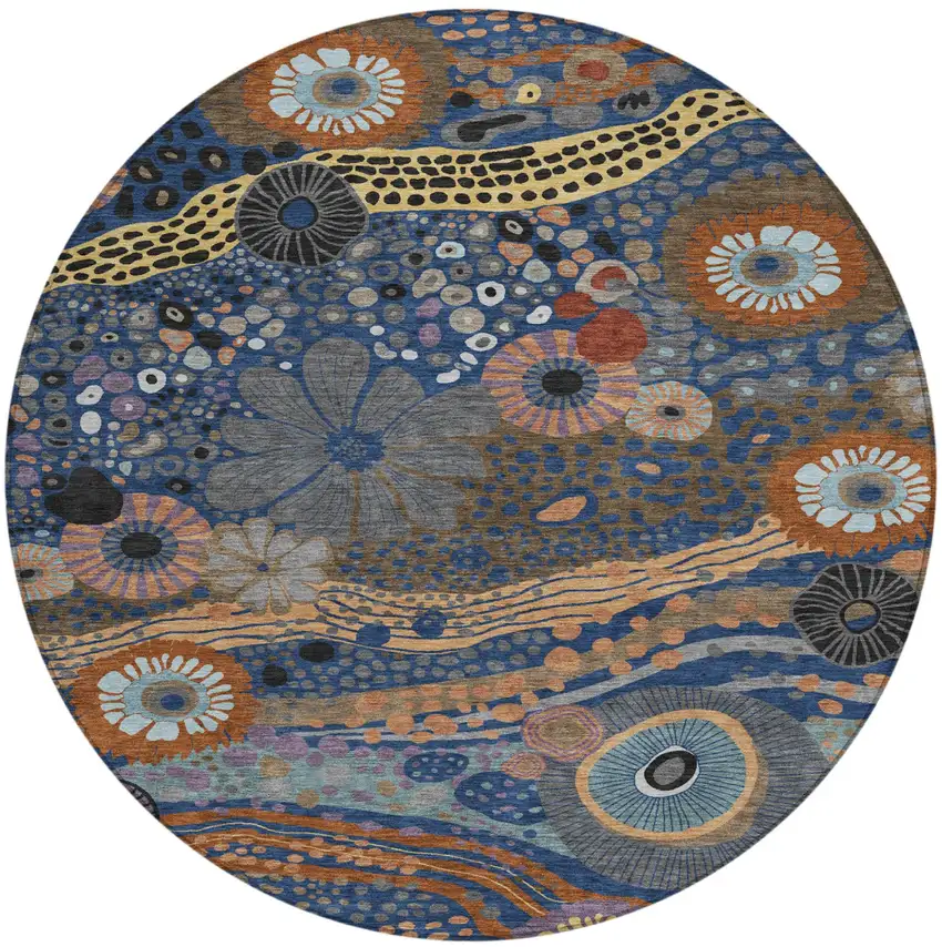 8' Navy Blue And Gold Round Floral Washable Indoor Outdoor Area Rug Photo 2