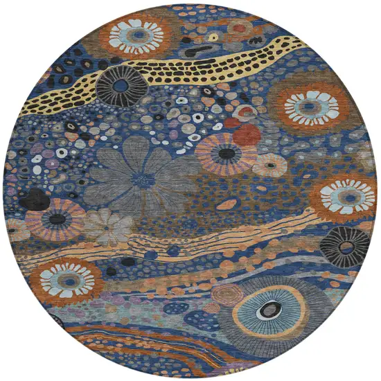 8' Navy Blue And Gold Round Floral Washable Indoor Outdoor Area Rug Photo 2