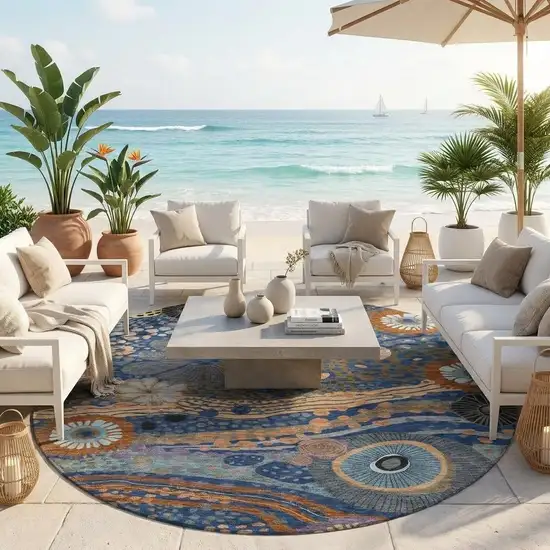 8' Navy Blue And Gold Round Floral Washable Indoor Outdoor Area Rug Photo 1