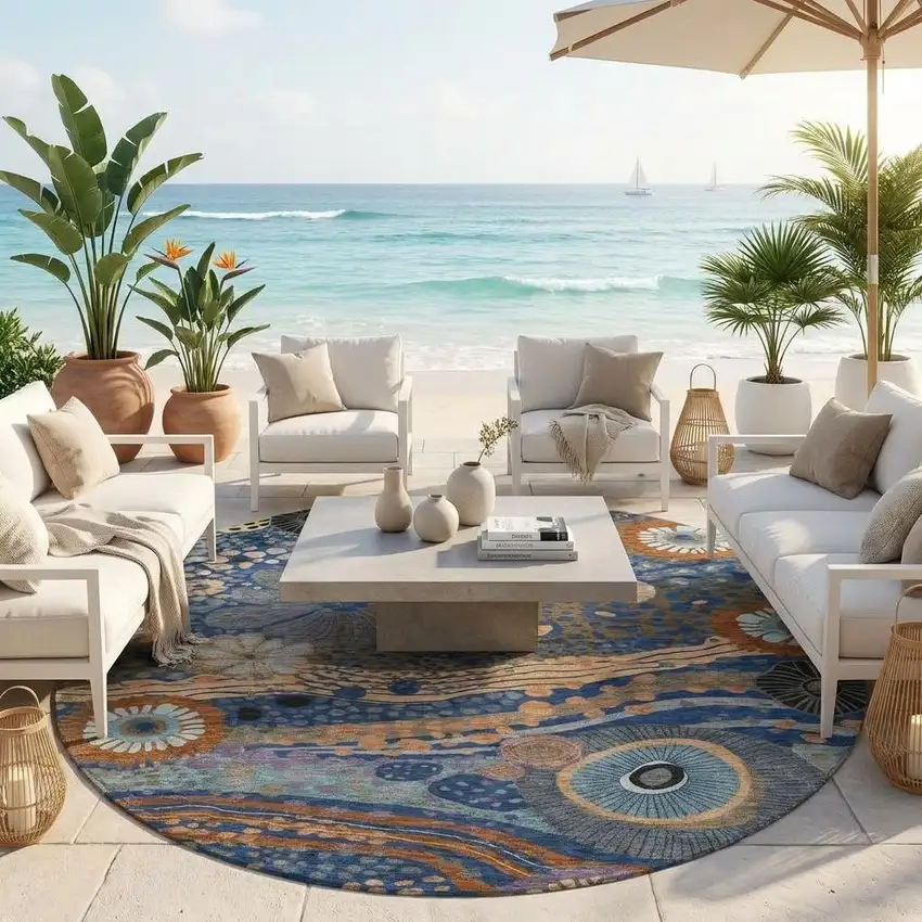 8' Navy Blue And Gold Round Floral Washable Indoor Outdoor Area Rug Photo 1