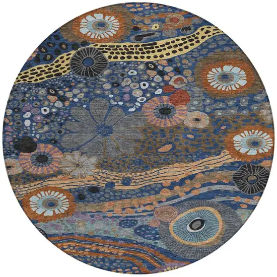 8' Navy Blue And Gold Round Floral Washable Indoor Outdoor Area Rug Photo 3
