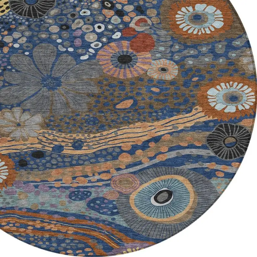 8' Navy Blue And Gold Round Floral Washable Indoor Outdoor Area Rug Photo 4