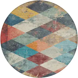 Photo of 8' Navy Blue And Gold Round Geometric Washable Indoor Outdoor Area Rug