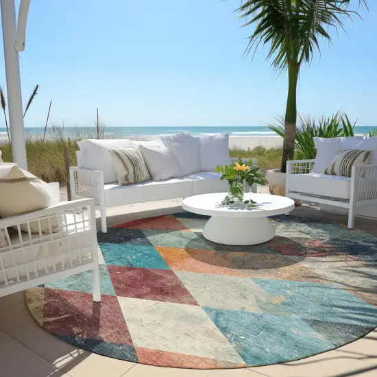 8' Navy Blue And Gold Round Geometric Washable Indoor Outdoor Area Rug Photo 5