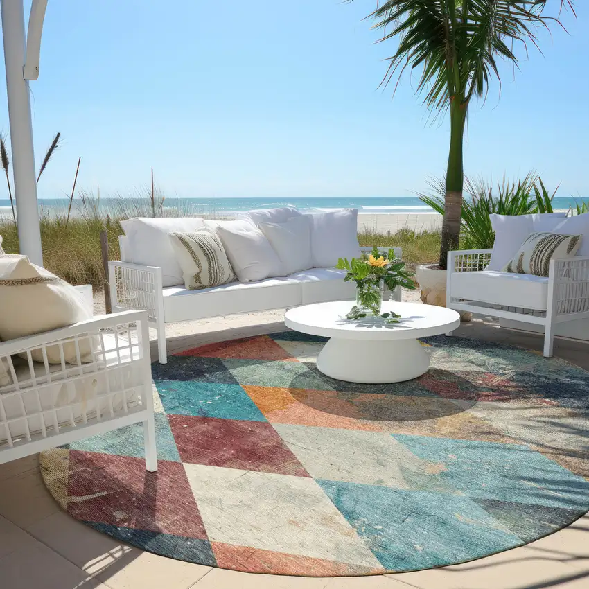 8' Navy Blue And Gold Round Geometric Washable Indoor Outdoor Area Rug Photo 5