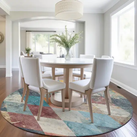 8' Navy Blue And Gold Round Geometric Washable Indoor Outdoor Area Rug Photo 6