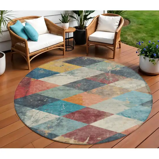 8' Navy Blue And Gold Round Geometric Washable Indoor Outdoor Area Rug Photo 2