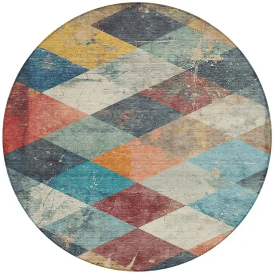 8' Navy Blue And Gold Round Geometric Washable Indoor Outdoor Area Rug Photo 3