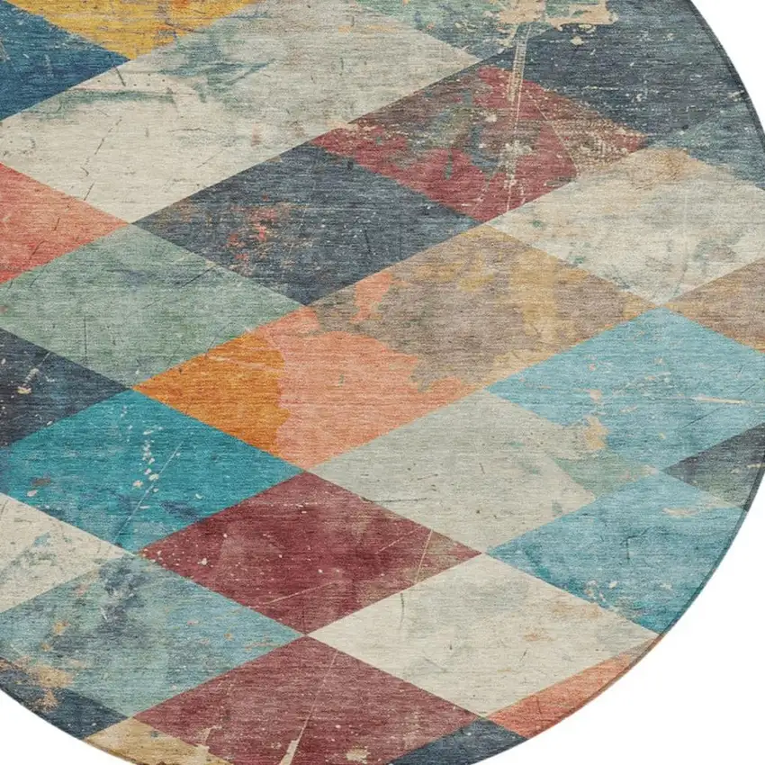 8' Navy Blue And Gold Round Geometric Washable Indoor Outdoor Area Rug Photo 9