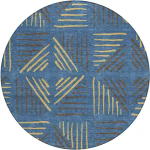 Photo of 8' Navy Blue And Gold Round Geometric Washable Indoor Outdoor Area Rug