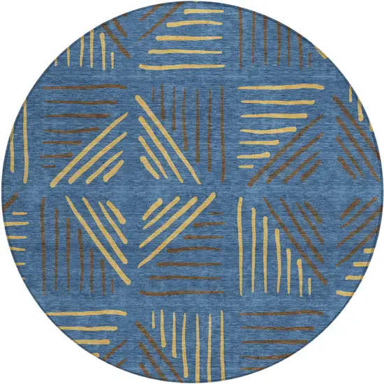 8' Navy Blue And Gold Round Geometric Washable Indoor Outdoor Area Rug Photo 1
