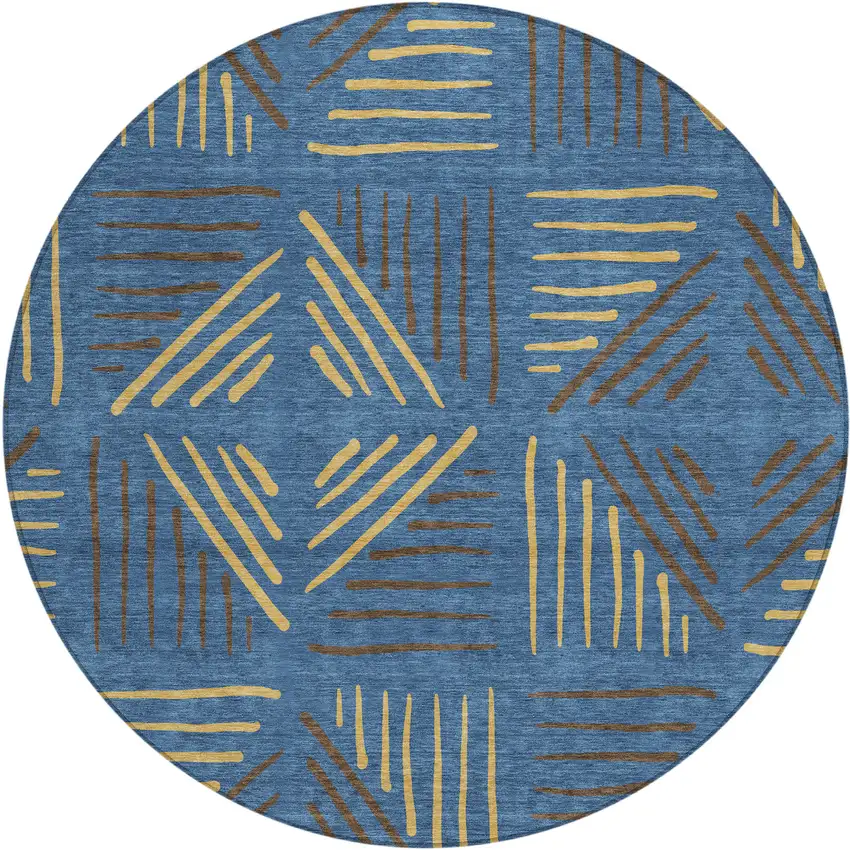 8' Navy Blue And Gold Round Geometric Washable Indoor Outdoor Area Rug Photo 1