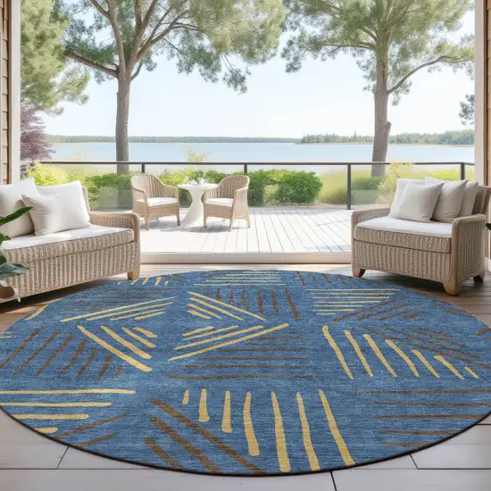 8' Navy Blue And Gold Round Geometric Washable Indoor Outdoor Area Rug Photo 4