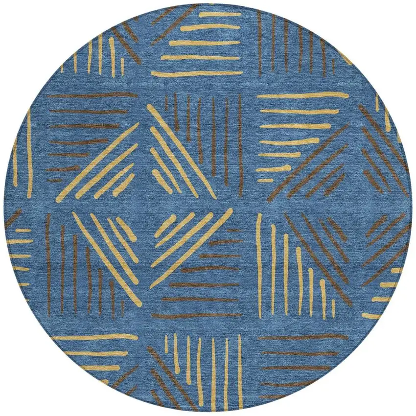 8' Navy Blue And Gold Round Geometric Washable Indoor Outdoor Area Rug Photo 3