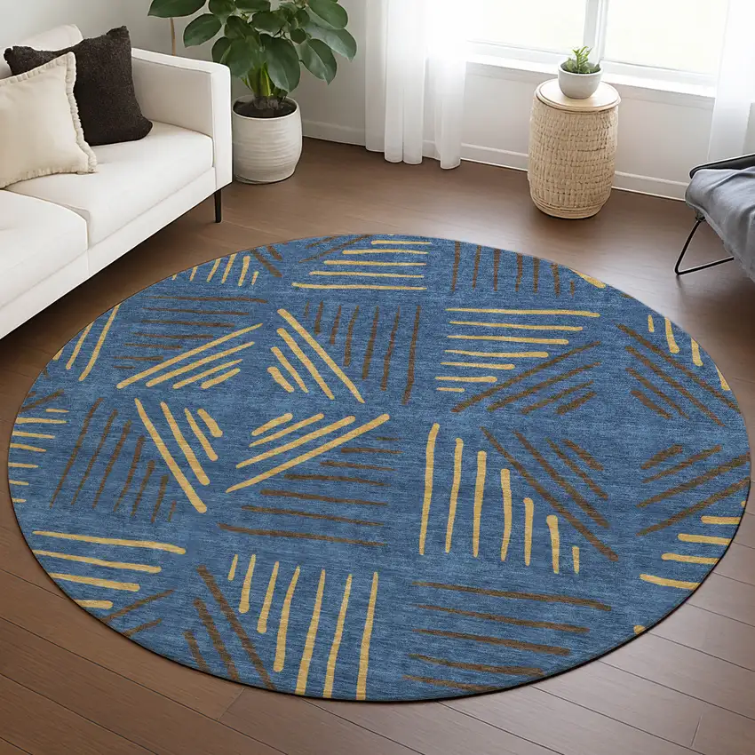 8' Navy Blue And Gold Round Geometric Washable Indoor Outdoor Area Rug Photo 5