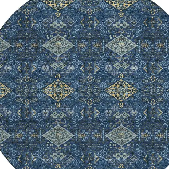8' Navy Blue And Gold Round Geometric Washable Indoor Outdoor Area Rug Photo 2
