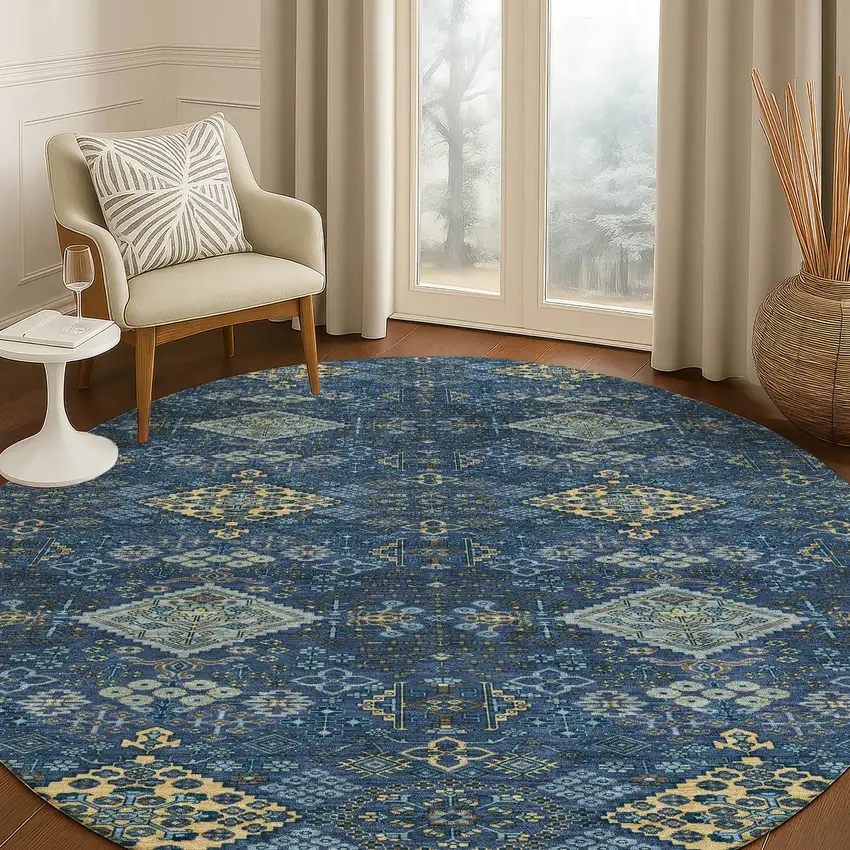 8' Navy Blue And Gold Round Geometric Washable Indoor Outdoor Area Rug Photo 5