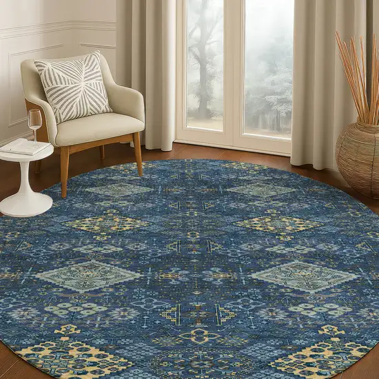 8' Navy Blue And Gold Round Geometric Washable Indoor Outdoor Area Rug Photo 5
