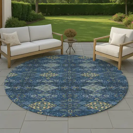 8' Navy Blue And Gold Round Geometric Washable Indoor Outdoor Area Rug Photo 4