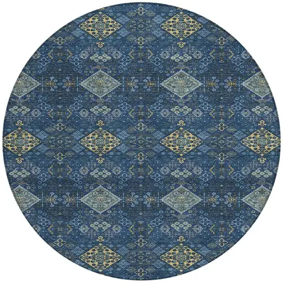 8' Navy Blue And Gold Round Geometric Washable Indoor Outdoor Area Rug Photo 3