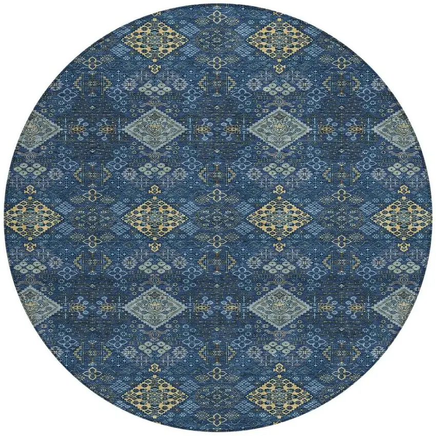 8' Navy Blue And Gold Round Geometric Washable Indoor Outdoor Area Rug Photo 3