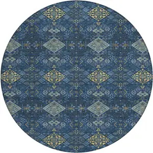 Photo of 8' Navy Blue And Gold Round Geometric Washable Indoor Outdoor Area Rug