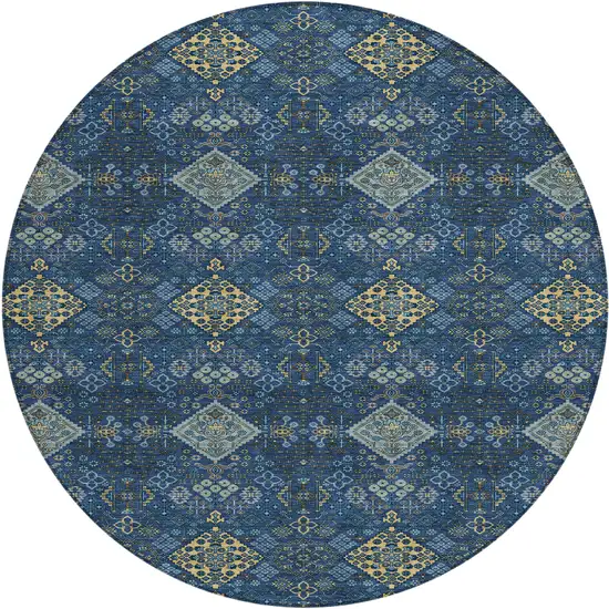 8' Navy Blue And Gold Round Geometric Washable Indoor Outdoor Area Rug Photo 1