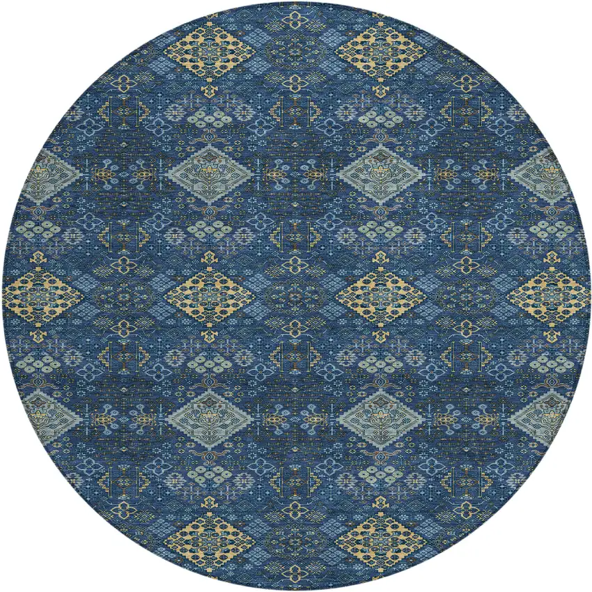 8' Navy Blue And Gold Round Geometric Washable Indoor Outdoor Area Rug Photo 1