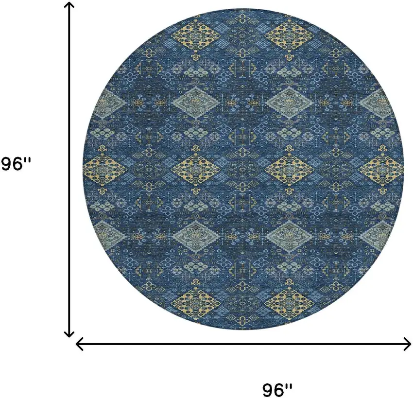 8' Navy Blue And Gold Round Geometric Washable Indoor Outdoor Area Rug Photo 8