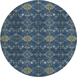 Photo of 8' Navy Blue And Gold Round Geometric Washable Indoor Outdoor Area Rug