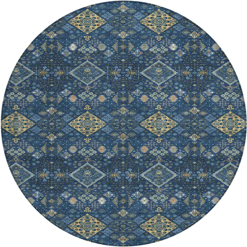 8' Navy Blue And Gold Round Geometric Washable Indoor Outdoor Area Rug Photo 1