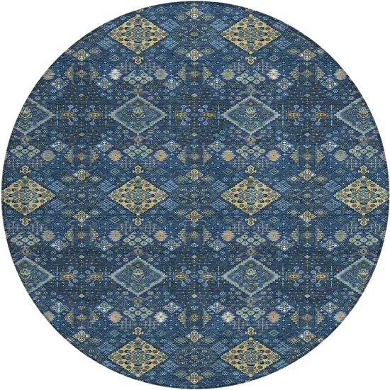 8' Navy Blue And Gold Round Geometric Washable Indoor Outdoor Area Rug Photo 1