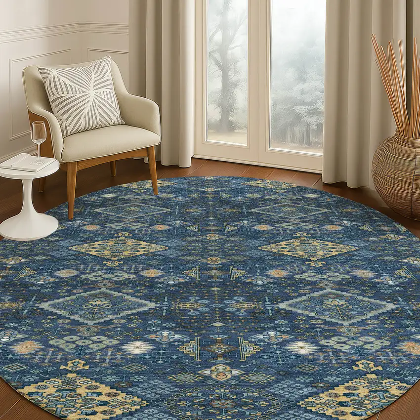 8' Navy Blue And Gold Round Geometric Washable Indoor Outdoor Area Rug Photo 5