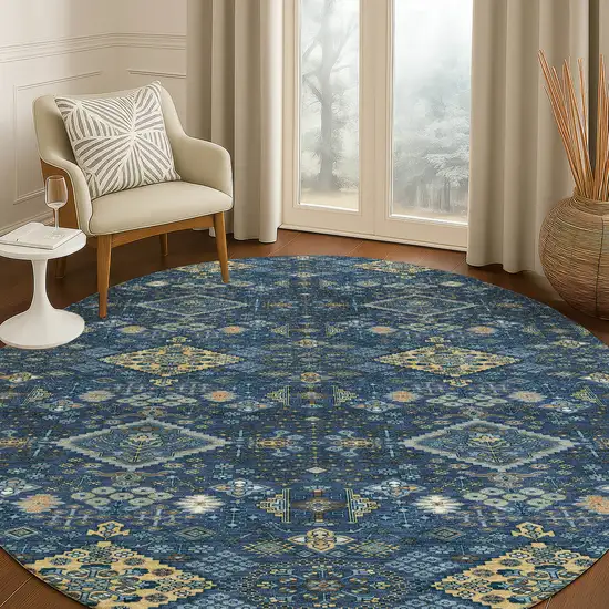 8' Navy Blue And Gold Round Geometric Washable Indoor Outdoor Area Rug Photo 5