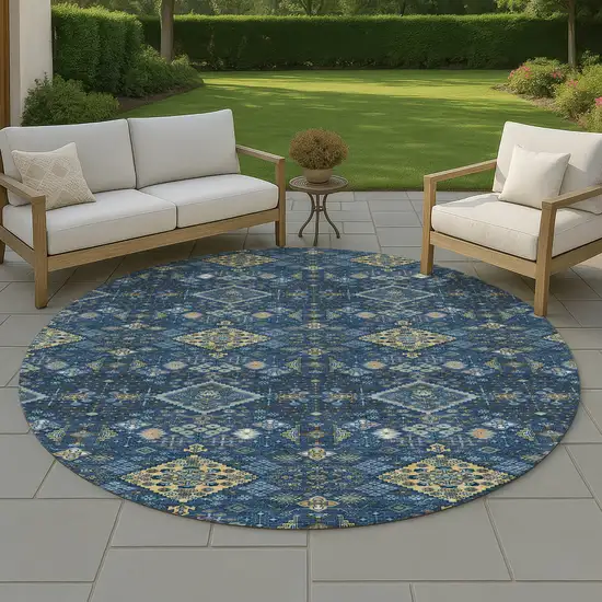 8' Navy Blue And Gold Round Geometric Washable Indoor Outdoor Area Rug Photo 4