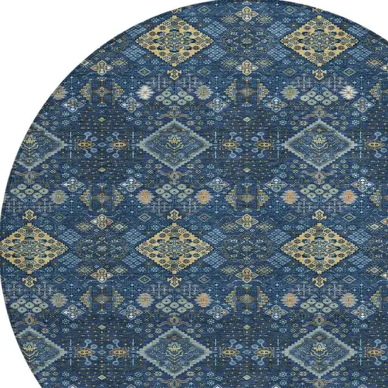 8' Navy Blue And Gold Round Geometric Washable Indoor Outdoor Area Rug Photo 2