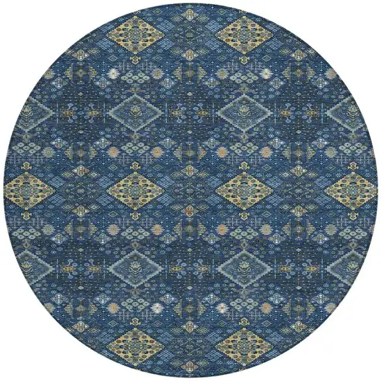 8' Navy Blue And Gold Round Geometric Washable Indoor Outdoor Area Rug Photo 3