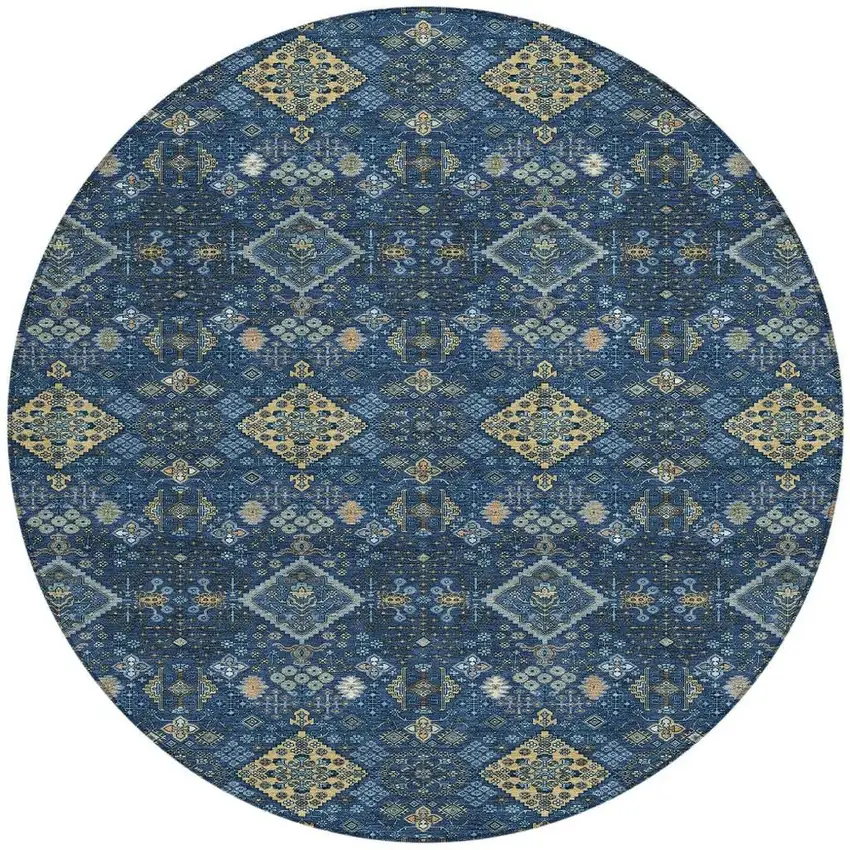 8' Navy Blue And Gold Round Geometric Washable Indoor Outdoor Area Rug Photo 3