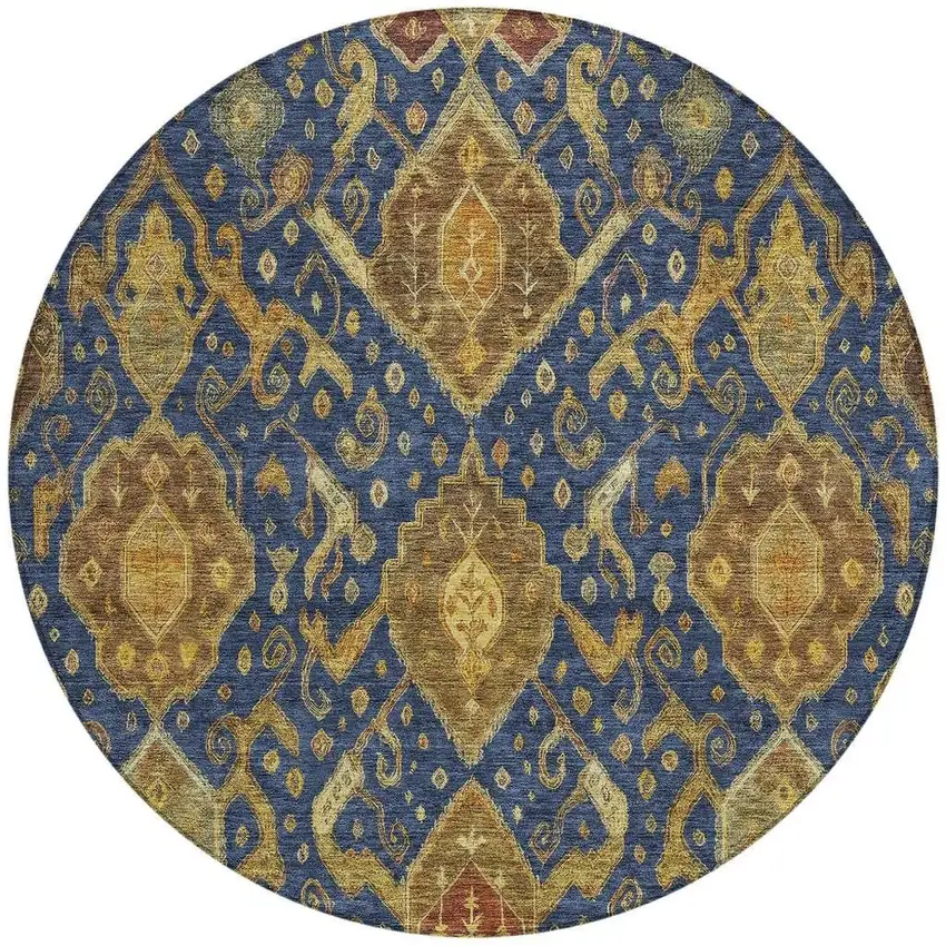 8' Navy Blue And Gold Round Ikat Washable Indoor Outdoor Area Rug Photo 4