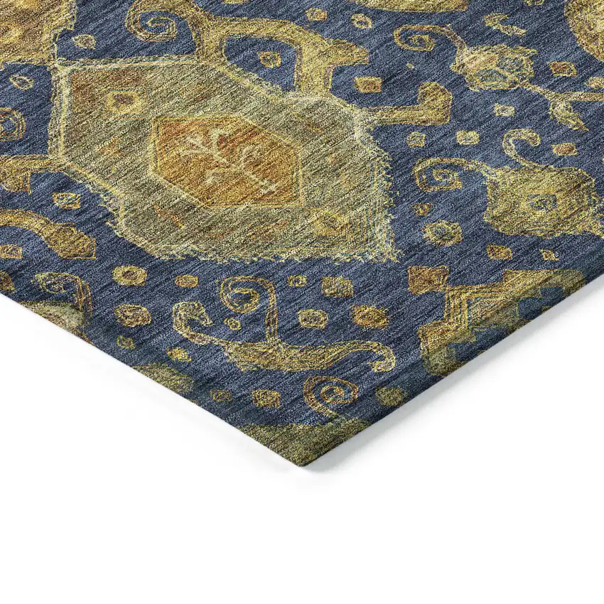 8' Navy Blue And Gold Round Ikat Washable Indoor Outdoor Area Rug Photo 6
