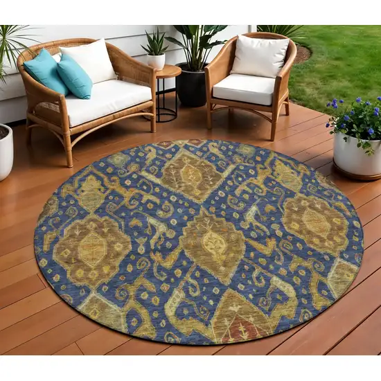 8' Navy Blue And Gold Round Ikat Washable Indoor Outdoor Area Rug Photo 1