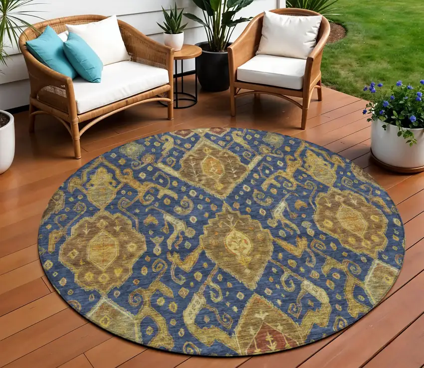 8' Navy Blue And Gold Round Ikat Washable Indoor Outdoor Area Rug Photo 1