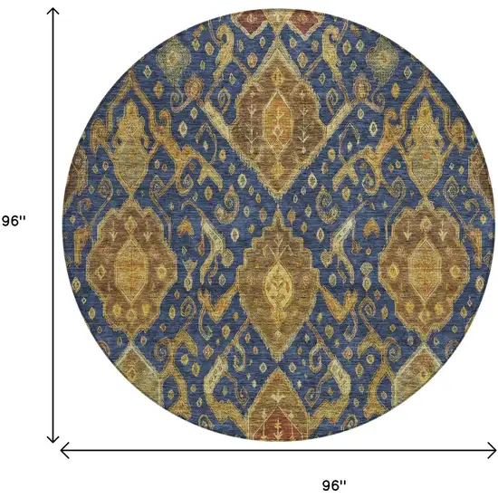 8' Navy Blue And Gold Round Ikat Washable Indoor Outdoor Area Rug Photo 3
