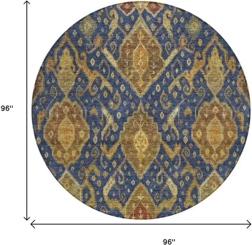 8' Navy Blue And Gold Round Ikat Washable Indoor Outdoor Area Rug Photo 3
