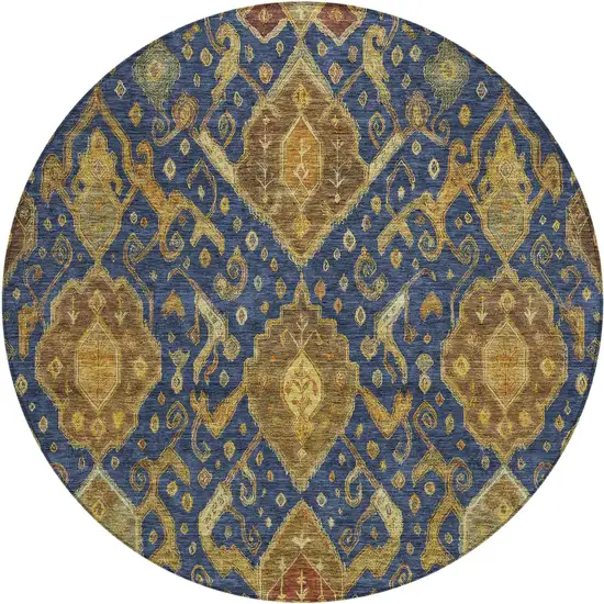 8' Navy Blue And Gold Round Ikat Washable Indoor Outdoor Area Rug Photo 2