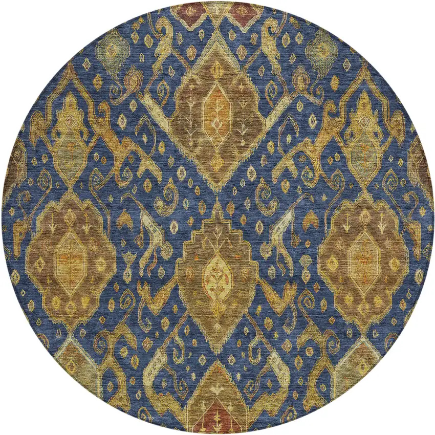 8' Navy Blue And Gold Round Ikat Washable Indoor Outdoor Area Rug Photo 2