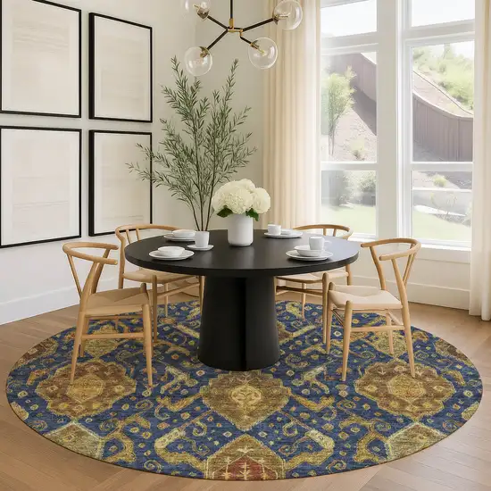 8' Navy Blue And Gold Round Ikat Washable Indoor Outdoor Area Rug Photo 9