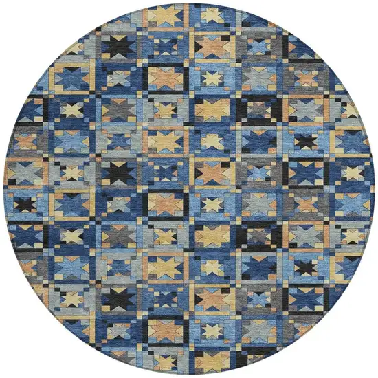 8' Navy Blue And Gold Round Patchwork Washable Indoor Outdoor Area Rug Photo 3