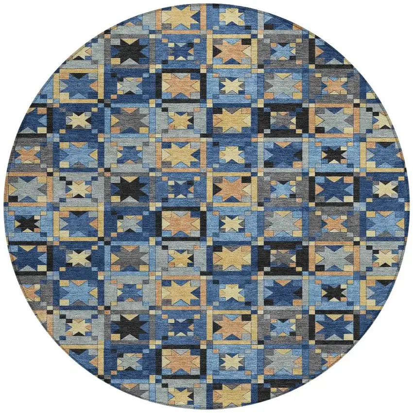 8' Navy Blue And Gold Round Patchwork Washable Indoor Outdoor Area Rug Photo 3